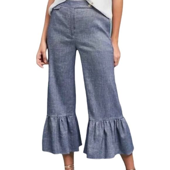 Anthropologie Ett Twa Pants Blue Chambray Linen Ruffle Hem Casual Light-2 - Picture 1 of 11
